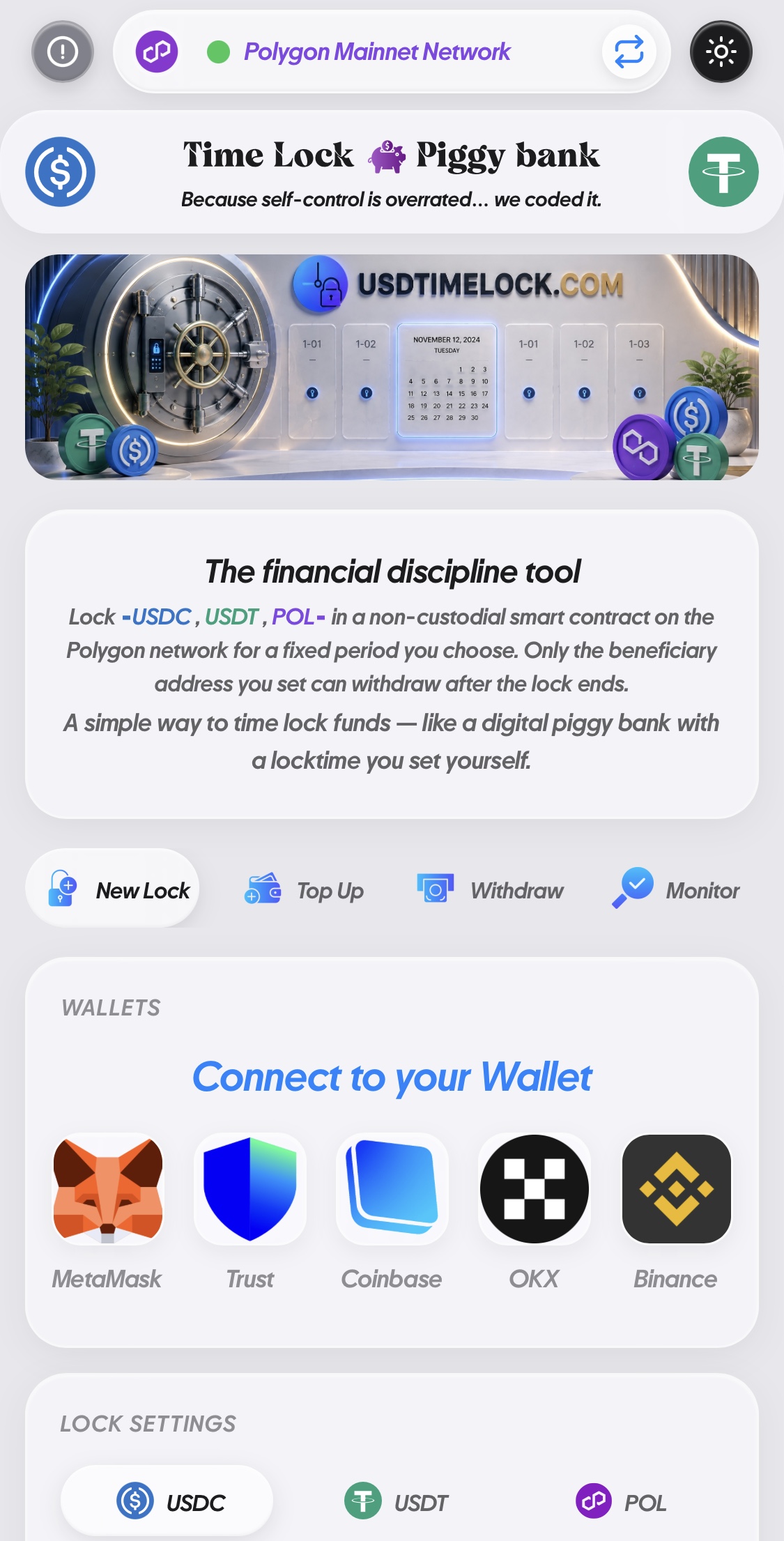 usdtimelock.com — crypto piggy bank app screenshot